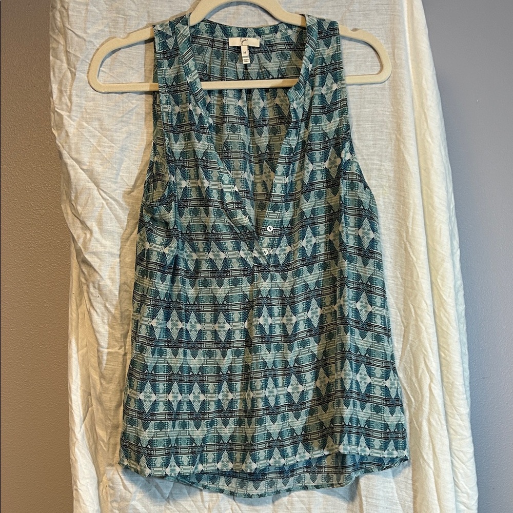Joie Silk Sleeveless V-Neck Geometric Print Tank Top - Teal